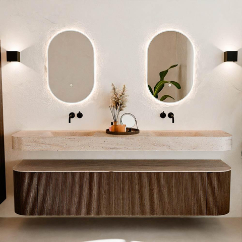 MONDIAZ THOR-DLUX Meuble de salle de bains - 200cm - arrondi gauche + droite - couleur Walnut - 2 tiroirs et 2 portes - Vasque suspendue CLOUD Double sans trou de robinet - couleur Saba SW1467217