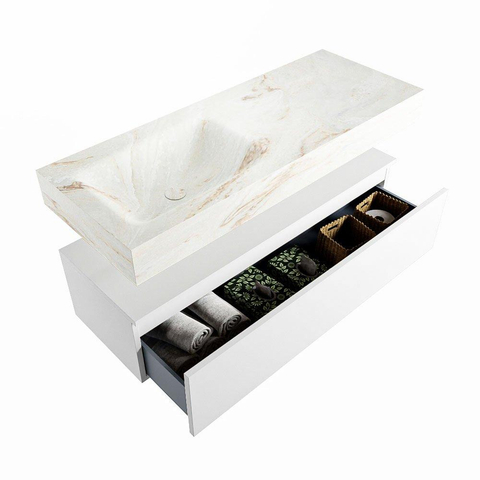Mondiaz ALAN-DLUX Ensemble de meuble - 120cm - meuble Talc mat - 1 tiroir - Lavabo Cloud Frappe suspendu - vasque Gauche - 0 trous de robinet SW805078