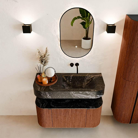 MONDIAZ THOR-DLUX 100cm meuble de salle de bains arrondi gauche + droite couleur Ruby avec 1 tiroir et 2 portes. Vasque suspendue CLOUD Droite sans trou de robinet couleur Lava. SW1467420