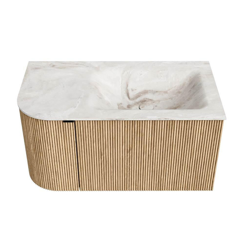 MONDIAZ KURVE-DLUX Meuble de salle de bains 85 cm avec module 25 L couleur Oak avec 1 tiroir et 1 porte. Lavabo CLOUD droite 1 trou de robinet couleur Frappe. SW1137341