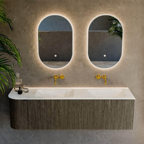 Mondiaz KURVE-DLUX Ensemble de meuble de salle de bains - 155x46x40cm - 2 tiroirs - 1 porte - lavabo solid surface - double / droite - sans trou de robinet - Shadow SW1414110