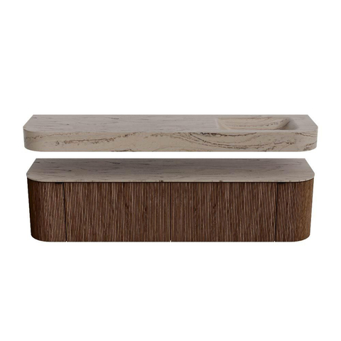 MONDIAZ THOR-DLUX 180cm badmeubel ronding links + rechts kleur Walnut met 2 lades en 2 deuren. Vrijhangende wastafel CLOUD Rechts zonder kraangat kleur Arena. SW1466111