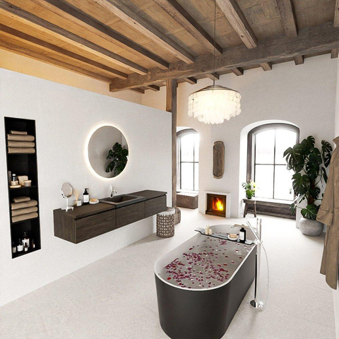 MONDIAZ BUKLA meuble de salle de bain 180 cm avec module 60 couleur Marron Foncé avec 3 tiroirs. Lavabo CLOUD centre 1 trou de robinet couleur Urban. SW1382179