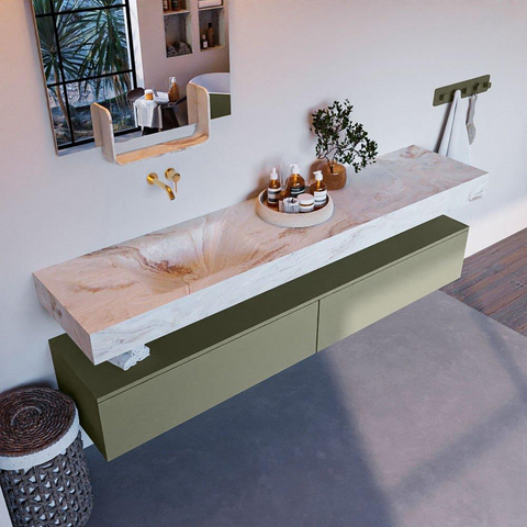 Mondiaz ALAN-DLUX Ensemble de meuble - 200cm - meuble Army mat - 2 tiroirs - Lavabo Cloud Frappe suspendu - vasque Gauche - 0 trous de robinet SW804821