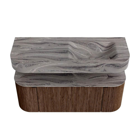 MONDIAZ THOR-DLUX 120cm badmeubel ronding links + rechts kleur Walnut met 1 lade en 2 deuren. Vrijhangende wastafel CLOUD Rechts zonder kraangat kleur Sombra. SW1463638