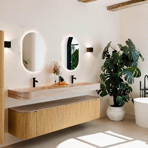 MONDIAZ THOR-DLUX Meuble de salle de bains 190cm arrondi gauche + droite couleur Oak avec 2 tiroirs et 2 portes. Vasque suspendue CLOUD Double 2 trous de robinet couleur Saba. SW1466650