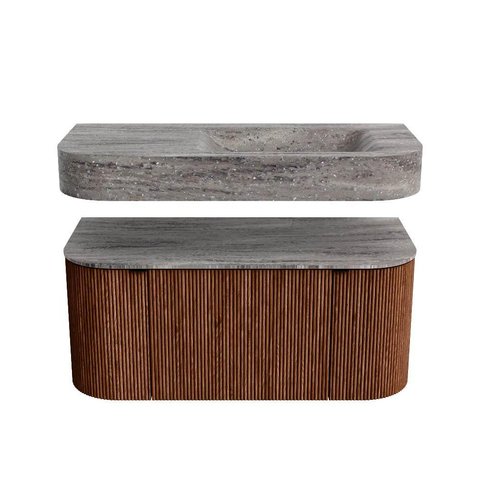 MONDIAZ THOR-DLUX 100cm meuble de salle de bains arrondi gauche + droite couleur Ruby avec 1 tiroir et 2 portes. Vasque suspendue CLOUD droite sans trou de robinet couleur Oza. SW1467540