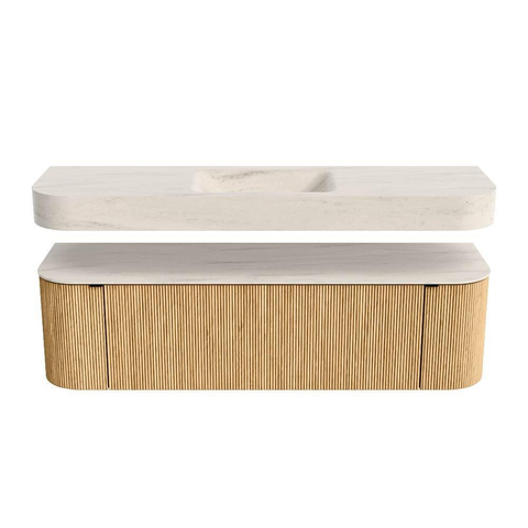 MONDIAZ THOR-DLUX 160cm meuble de salle de bains arrondi gauche + droite couleur Oak avec 1 tiroir et 2 portes. Vasque suspendue CLOUD Milieu 1 trou de robinet couleur Meli. SW1465137