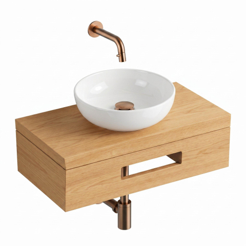 Royal Plaza Terra tablette pour lave-mains - 40x25x10 cm - avec porte-serviettes - vasque blanc brillant - robinet de lave-mains cuivre - bonde d’évacuation - siphon - sandwood (chêne clair) SW1577147