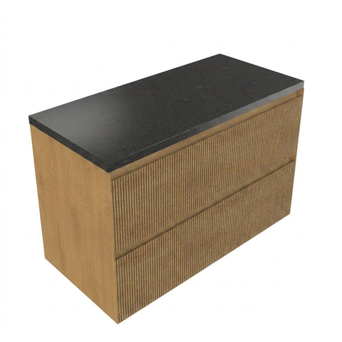 Saniclass Holz Atelier Badkamermeubelset - 100x45x63cm - Noche basalten wastafelblad gepolijst (zwart) - zonder kraangat - 2 lades - mat eiken natural (hout) SW1478548