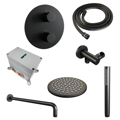 BRAUER Black Edition douche thermostatique encastrée - 3 voies - rond - ensemble 75 - douche principale de 20 cm - bras de douche courbé - douchette à main - flexible de douche - coude mural - noir mat SW1159188