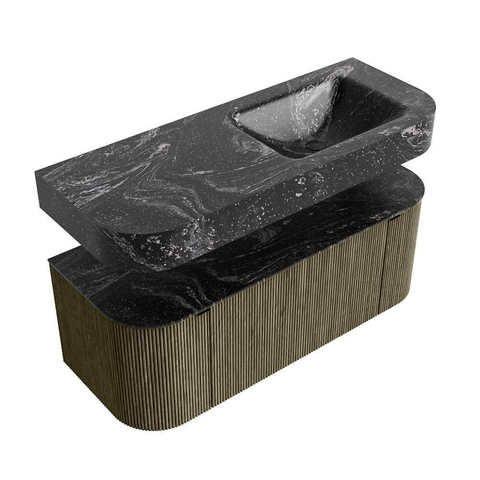 MONDIAZ THOR-DLUX 120cm meuble de salle de bains arrondi gauche + droite couleur Shadow avec 1 tiroir et 2 portes. Vasque suspendue CLOUD droite sans trou de robinet couleur Lava. SW1463155