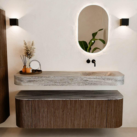 MONDIAZ THOR-DLUX 150cm badmeubel ronding links + rechts kleur Walnut met 1 lade en 2 deuren. Vrijhangende wastafel CLOUD Rechts zonder kraangat kleur Oza. SW1464845