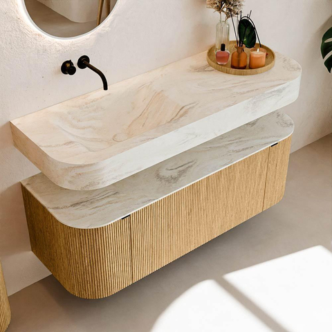 MONDIAZ THOR-DLUX 130cm meuble de salle de bains arrondi gauche + droite couleur Oak avec 1 tiroir et 2 portes. Vasque suspendue CLOUD Gauche sans trou de robinet couleur Ostra. SW1463548