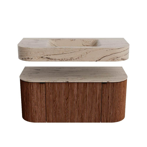 MONDIAZ THOR-DLUX 100cm meuble de salle de bains arrondi gauche + droite couleur Ruby avec 1 tiroir et 2 portes. Vasque suspendue CLOUD Milieu sans trou de robinet couleur Arena. SW1467456