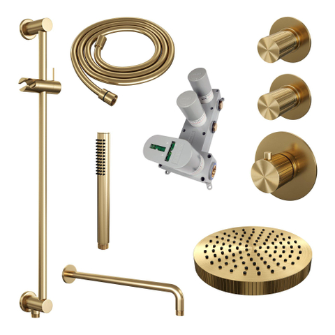 BRAUER Stripe Thermostatische Inbouw Regendouche - SET 08 - 25cm douchekop - gebogen muurarm - staaf handdouche - doucheslang - geïntegreerde glijstang - goud geborsteld PVD SW1434838