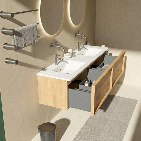 Saniclass Holz Frame Badkamermeubelset - 160x45x42cm - Vygo keramische wastafel wit - 2 wasbakken - zonder kraangaten - 2 lades - mat eiken natural (hout) SW1478929
