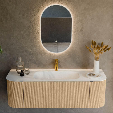 MONDIAZ KURVE Meuble de salle de bains 140 cm avec module 25 Len R couleur Chêne avec 1 tiroir et 2 portes. Lavabo BIG SMALL central 1 trou de robinet Talc. SW1138218