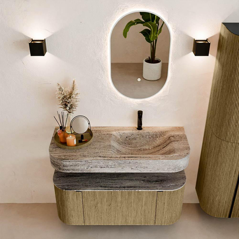 MONDIAZ THOR-DLUX 110cm meuble de salle de bains arrondi gauche + droite couleur Dusk avec 1 tiroir et 2 portes. Vasque suspendue CLOUD Droite 1 trou de robinet couleur Oza. SW1463018