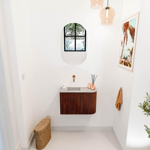Mondiaz JOYA-DLUX 61.6cm toiletmeubel - ronding rechts kleur Ruby - Wastafel FAYE positie Links Zonder kraangat kleur Glace. SW1423576