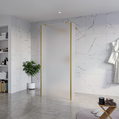 Fortifura Galeria Vrijstaande Inloopdouche - 90x200cm - glas mat - antikalk - 8mm veiligheidsglas - 2 zijwanden - 40cm - wandsteunen en hoekprofielen - PVD - geborsteld messing (goud) SW996286