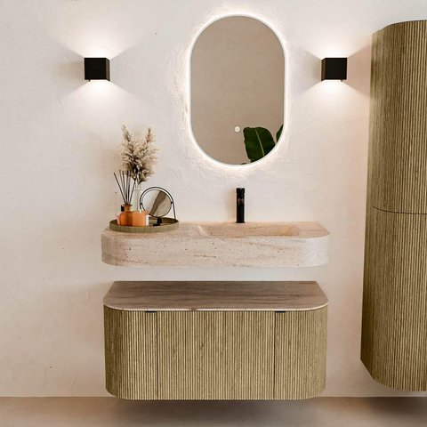 MONDIAZ THOR-DLUX 100cm meuble de salle de bains arrondi gauche + droite couleur Dusk avec 1 tiroir et 2 portes. Vasque suspendue CLOUD Droite 1 trou de robinet couleur Saba. SW1467565