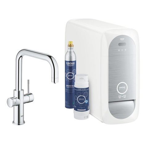GROHE Blue Home Robinet de cuisine avec Bec U duo et kit Chilled & Sparkling 3x eau froide + 3x eau pétillant avec Wifi Bluetooth chrome SW228369