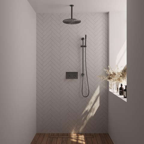 BRAUER gunmetal Edition Thermostatische Regendouche inbouw - drukknoppen - SET 66 - 30cm hoofddouche - plafondarm - staaf handdouche - doucheslang - geïntegreerde glijstang - gunmetal geborsteld PVD SW925729