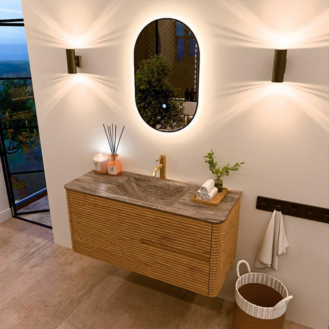 Mondiaz CIRO-DLUX Meuble de salle de bains - 110x45x50cm - Vasque solid surface Oza - 1 lavabo au centre - 1 trou de robinet - 2 tiroirs - Chêne SW1531116
