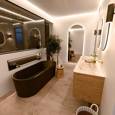 Mondiaz CIRO-DLUX Ensemble de meubles de salle de bains - 150x45x50cm - plan vasque solid surface Frappe - 2 vasques double - sans trous de robinetterie - 4 tiroirs - Chêne SW1530893