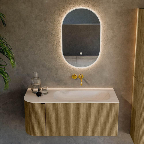MONDIAZ KURVE-DLUX 105cm badmeubel ronding Links kleur Dusk met 1 lade en 1 deur. Wastafel BIG SMALL Rechts zonder kraangat Meli. SW1431876