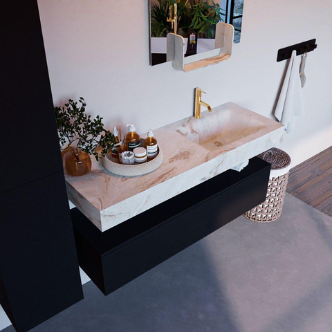 Mondiaz ALAN-DLUX Ensemble de meuble - 130cm - meuble Urban mat - 1 tiroir - Lavabo Cloud Frappe suspendu - vasque Droite - 1 trou de robinet SW805091