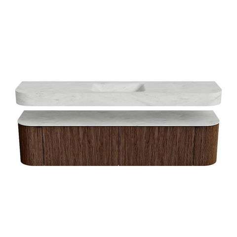 MONDIAZ THOR-DLUX 190cm badmeubel ronding links + rechts kleur Walnut met 2 lades en 2 deuren. Vrijhangende wastafel CLOUD Midden zonder kraangat kleur Opalo. SW1466541