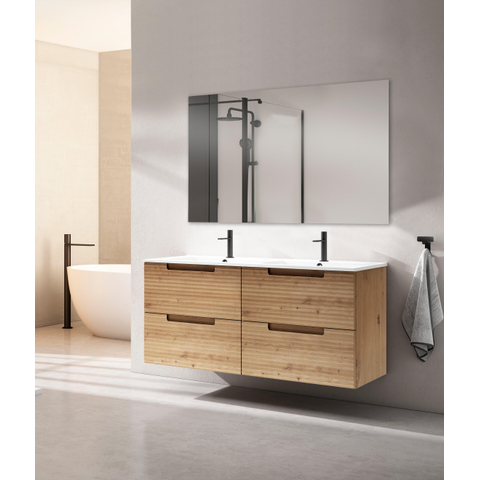 Saniclass Prime Balance Meuble de salle de bain - 120x55x45cm - 2 vasques ovales en céramique blanc - 2 trous de robinet - 4 tiroirs - miroir rectangulaire - chêne rustique SW1159470