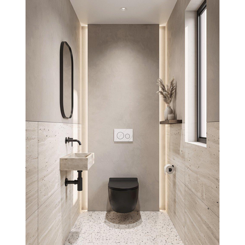 QeramiQ Dely Ensemble de toilette - réservoir encastré Qeramiq Flush - abattant 35mm - plaque de commande en pierre naturelle marbre blanc - boutons ronds - noir mat SW1578514