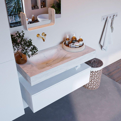 Mondiaz ALAN-DLUX Ensemble de meuble - 100cm - meuble Talc mat - 1 tiroir - Lavabo Cloud Opalo suspendu - vasque Gauche - 0 trous de robinet SW806450