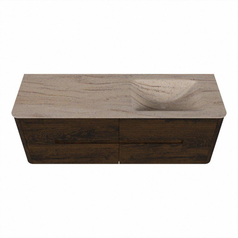 Mondiaz CIRO-DLUX Meuble de salle de bains - 140x45x50cm - Plan vasque Solid Surface Saba - 1 vasque à droite - sans trous de robinetterie - 4 tiroirs - Noyer SW1530694