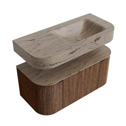 MONDIAZ THOR-DLUX 100cm meuble de salle de bains arrondi gauche + droite couleur Walnut avec 1 tiroir et 2 portes. Vasque suspendue CLOUD droite sans trou de robinet couleur Arena. SW1467448