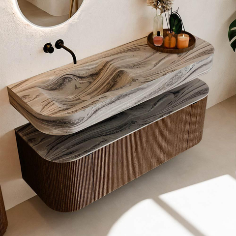 MONDIAZ THOR-DLUX 130cm badmeubel ronding links + rechts kleur Walnut met 1 lade en 2 deuren. Vrijhangende wastafel CLOUD Links zonder kraangat kleur Sombra. SW1464054