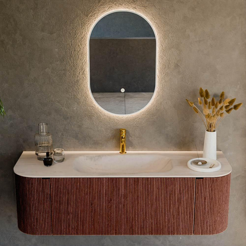 MONDIAZ KURVE-DLUX 140cm badmeubel ronding Links + Rechts kleur Ruby met 1 lade en 2 deuren. Wastafel BIG SMALL Midden 1 kraangat Meli. SW1434064