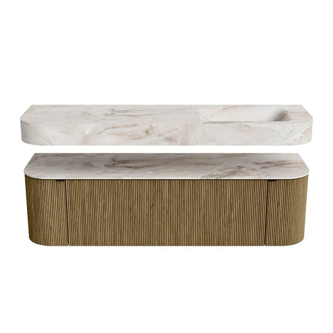 MONDIAZ THOR-DLUX Meuble de salle de bains 160cm arrondi gauche + droite couleur Dusk avec 1 tiroir et 2 portes. Vasque suspendue CLOUD Droite 1 trou de robinet couleur Frappe. SW1465036