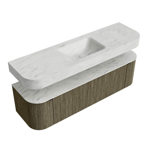 MONDIAZ THOR-DLUX 160cm badmeubel ronding links + rechts kleur Shadow met 1 lade en 2 deuren. Vrijhangende wastafel CLOUD Midden zonder kraangat kleur Opalo. SW1465070