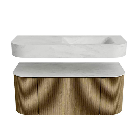 MONDIAZ THOR-DLUX 110cm meuble de salle de bains arrondi gauche + droite couleur Dusk avec 1 tiroir et 2 portes. Vasque suspendue CLOUD Droite 1 trou de robinet couleur Opalo. SW1462804