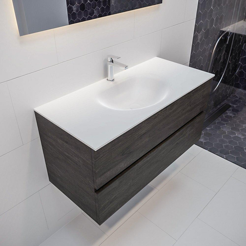 ENSEMBLE DE MEUBLE MONDIAZ VICA - 100cm - 2 tiroirs - lavabo Moon central - 1 trou de robinet - solid surface marron foncé SW409877
