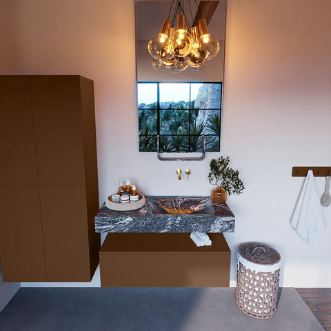 Mondiaz ALAN-DLUX Ensemble de meuble - 100cm - meuble Rust mat - 1 tiroir - Lavabo Cloud Lava suspendu - vasque Droite - 0 trous de robinet SW808239