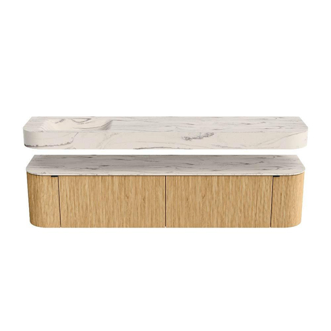 MONDIAZ THOR-DLUX 200cm meuble de salle de bains arrondi gauche + droite couleur Oak avec 2 tiroirs et 2 portes. Vasque suspendue CLOUD gauche 1 trou de robinet couleur Nata. SW1467147