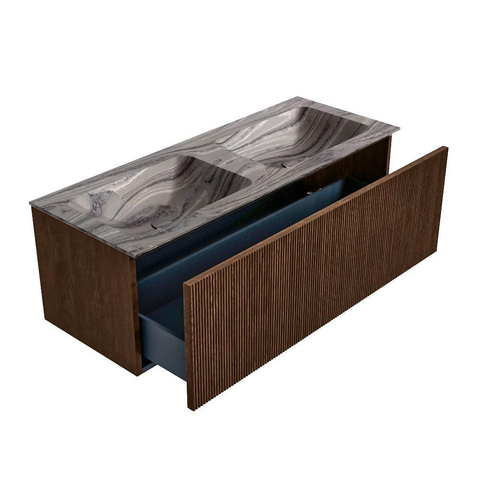 MONDIAZ KURVE-DLUX 120cm badmeubel kleur Walnut met 1 lade en 0 deuren. Wastafel LEAF Dubbel 2 kraangaten Sombra. SW1433692