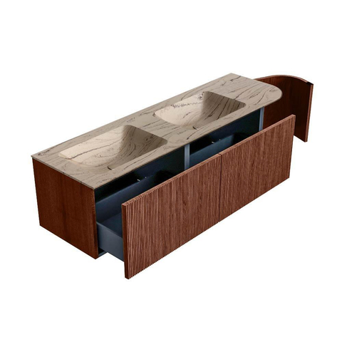 MONDIAZ KURVE-DLUX Meuble de salle de bains 155cm arrondi à droite couleur Ruby avec 2 tiroirs et 1 porte. Lavabo LEAF Double / gauche sans trou de robinet Arena. SW1431552
