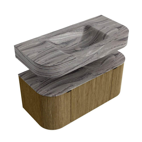 MONDIAZ THOR-DLUX 100cm meuble de salle de bains arrondi gauche + droite couleur Dusk avec 1 tiroir et 2 portes. Vasque suspendue CLOUD Centre sans trou de robinet couleur Sombra. SW1467619