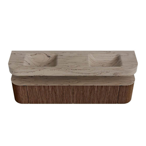 MONDIAZ THOR-DLUX 190cm meuble de salle de bains arrondi gauche + droite couleur Walnut avec 2 tiroirs et 2 portes. Vasque suspendue CLOUD Double sans trou de robinet couleur Arena. SW1466584